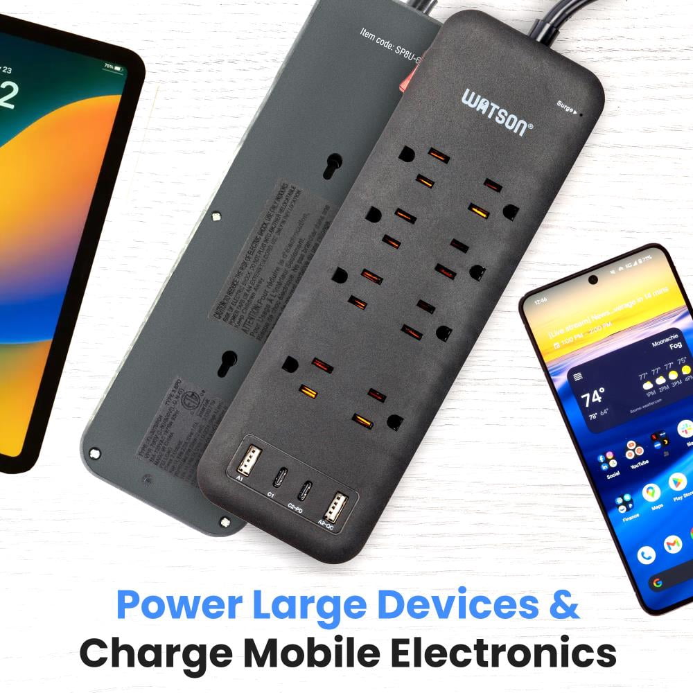 8-Outlet Surge Protector with 4 USB Ports, 2450 Joules, 6' Cord, LED Indicator – Power Strip for Home and Office Use by Watson (Black)