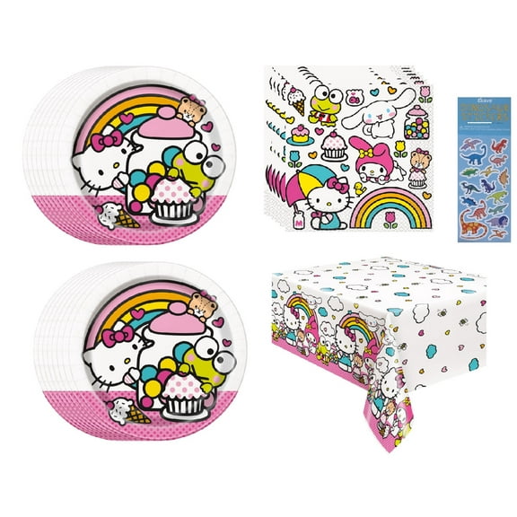Unique Hello Kitty Birthday Party Supplies Bundle with Table Cover and Sticker Sheet