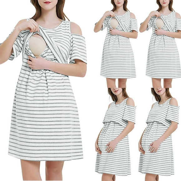 zanvin Pregnant Dress for Women, Women Summer Short Sleeve Stripe Nursing Breastfeeding Dress