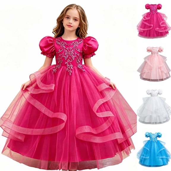 HJYCHN Dresses for Girls Short Puff Sleeve Long Formal Dress with Embroidered Bodice and Ribbon for Girls' Dresses 11-12 Years