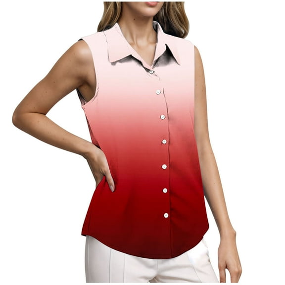 Staron Women's Casual Sleeveless Button Up Shirt Turndown Collar Printed Ombre Blouse Loose Fit Vacation Party, Red S