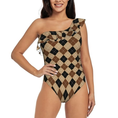 Lukts Argyle of brown Women One Piece Swimsuits Tummy Control One Shoulder Bathing Suits Ruffle Swimwear-X-Large