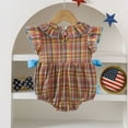 thumbnail image 5 of Sopiago My First Fourth of July Baby Girl Outfit American Flag Bubble Romper Bowknot Ruffle Bodysuit Smocked Toddler Baby Girl Clothes Brown,12-18 Months, 5 of 7