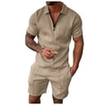 thumbnail image 2 of Men's Spring Summer 2-Piece Tracksuit, Short Sleeve Polo Shirt and Shorts, Casual Sport Suit For Hot Weather Outdoor Activities,Beige,L, 2 of 7