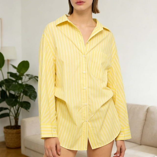 TaTaai Women's Button Pocket Lapel Shirt, Spring Summer Solid Stripe Loose Waist Top, Short Sleeve Casual Home Daily Outfit, Cold Hand Wash Design Gift