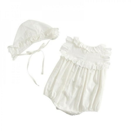 

Merotable Infant Baby Peter Pan Collar White Rompers Ruffles Cotton Lace Jumpersuit Newborn Baby Fall Overalls With Hats