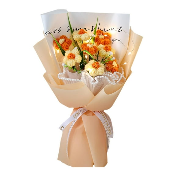deevoka Completed Crochet Flower Bouquet with Light Handmade Party Supplies Home Decor for Valentine'S Day Thanksgiving Teacher'S Day Orange