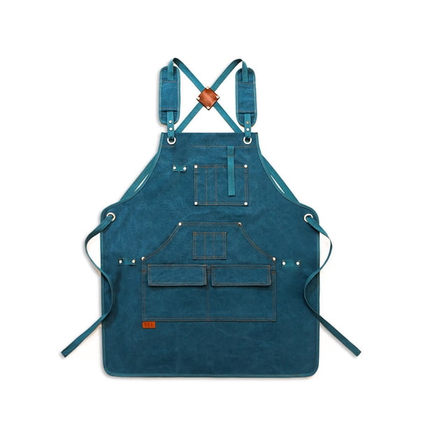 Wosthever Delantal de trabajo de lona Unisex restaurante cocina peluquero babero bolsillos cocina carpintería Picnic jardinería mujeres hombres Almacenamiento y organización del hogar Azul