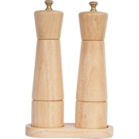 DeroTeno Salt and Pepper Mill Set with Tray, Adjustable Ceramic Grinder Salt Mill, Stainless Steel Grinder Pepper Mill, Rubber Wood, 22 cm / 8 inch Height, Bottom Dia 5.5 cm