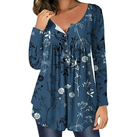 

Ziloco Women s Casual Loose Crew Neck Button Long Sleeve Print Top long sleeve maternity dress scrub tops women Blue S