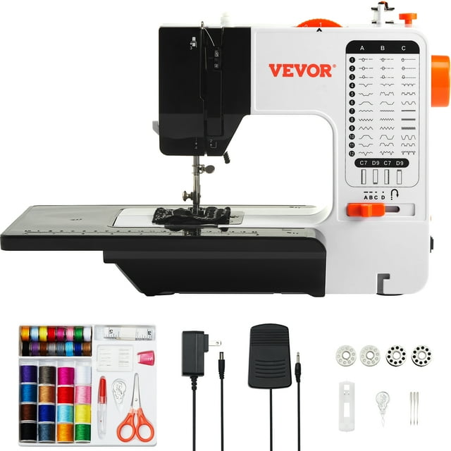 VEVOR Machine à Coudre, Machine à Coudre Portable pour Débutants avec 38 Points Intégrés et Couture Inverse, Machine à Coudre à Double Vitesse avec Table d'Extension, Pédale, Trousse d'Accessoires Famille Maison Voyage