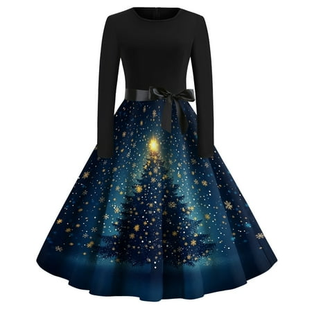 

Women s Christmas Printed Round Neck Big Hem Skirt Pleated Skirt Long Sleeved Dress 2024 Fall Winter New Fashion Skirt Pleated Skirt for Women