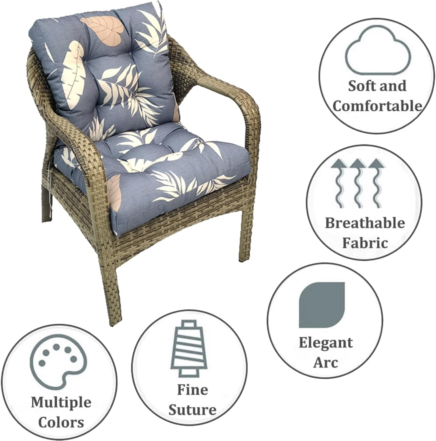 SHANNA Outdoor Chair Cushions, 2 Pack Tufted Thicken Waterproof Patio Chair Pad Wicker Chair Seat Cushion with Non-Slip Ties for Outdoor Furniture, Gray Leaves