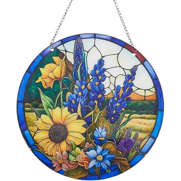 Stained Windows Hanging Suncatcher Retro Sunflower Hanging Ornament Round Acrylic Panel Sun Catcher with Iron Chain and Jump Rings Summer Home Decor Gift for Family Friends 7.9x7.9 Inch DIY