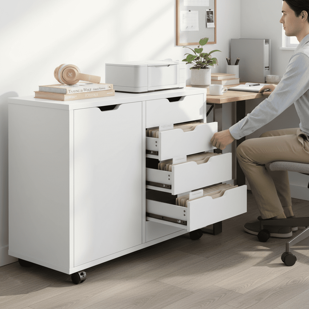 IULULU 5-Drawer Rolling File Cabinet with Wheels - Mobile Wood Storage Organizer & Adjustable Printer Stand for Home Office, White