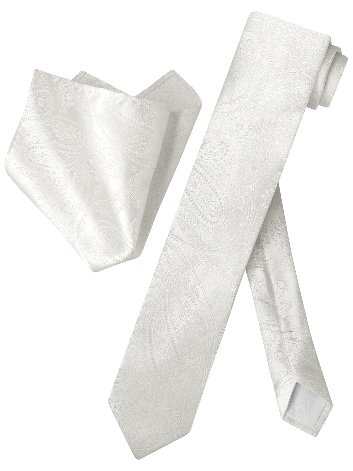 New Men's 2.5" skinny polyester Woven necktie & hankie set paisley white wedding 