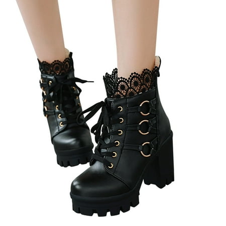 

Oyedens Platform High Heels Combat Boots for Women Vintage Gothic Lace Pumps Ankle Booties