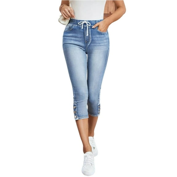 Lodgix Women's Pull on Drawstring Capri Jeans High Waisted Stretchy Elastic Waist Denim Pants Light Blue L