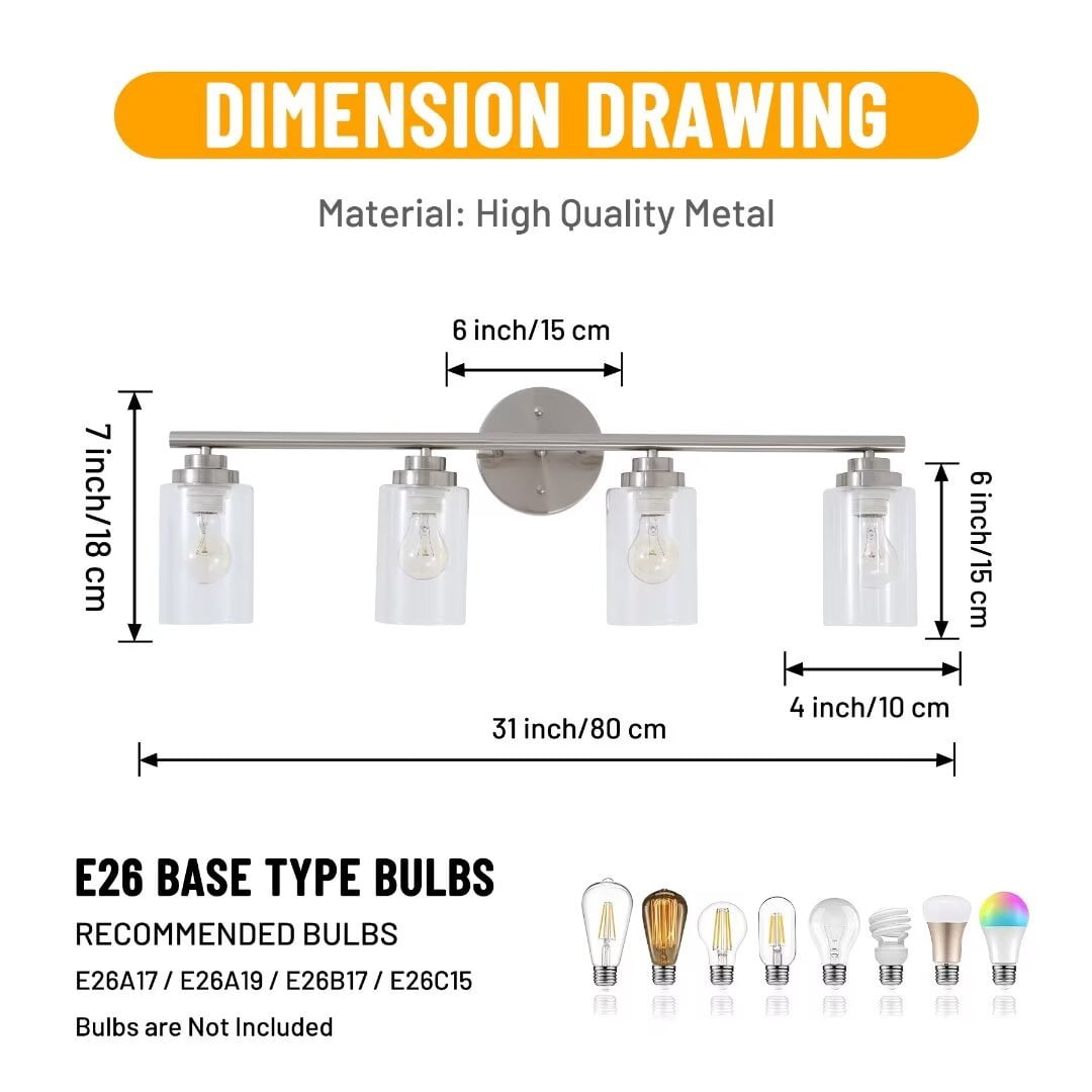 FINE MAKER Vanity Light Fixtures, 4 Lights Indoor Modern Sand Nickel Bathroom Mirror Wall Lights with Clear Glass Shade Metal Wall Mount Light