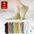 thumbnail image 2 of 5 Pairs Summer Short Tube Lace Women Thin Cotton Socks Hollow Out Mesh Solid Color Girls Ankle Socks Anti Odor Sweat Absorbing, 2 of 9