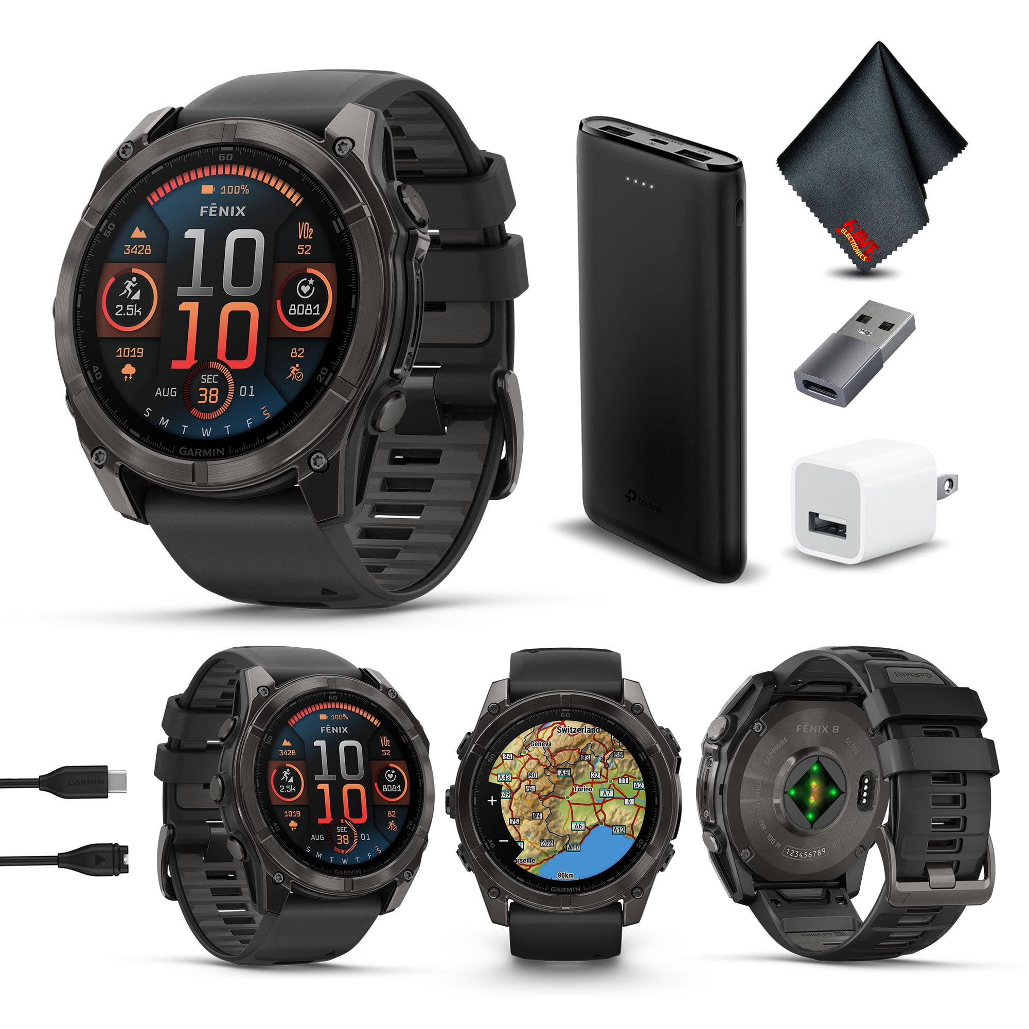 Garmin Fenix 8 51MM AMOLED Sapphire Multisport GPS Smartwatch Carbon Gray DLC Titanium with Black Gray Silicone Band, Built-in LED Flashlight, Health & Fitness Smart Watch Bundle for Men & Women