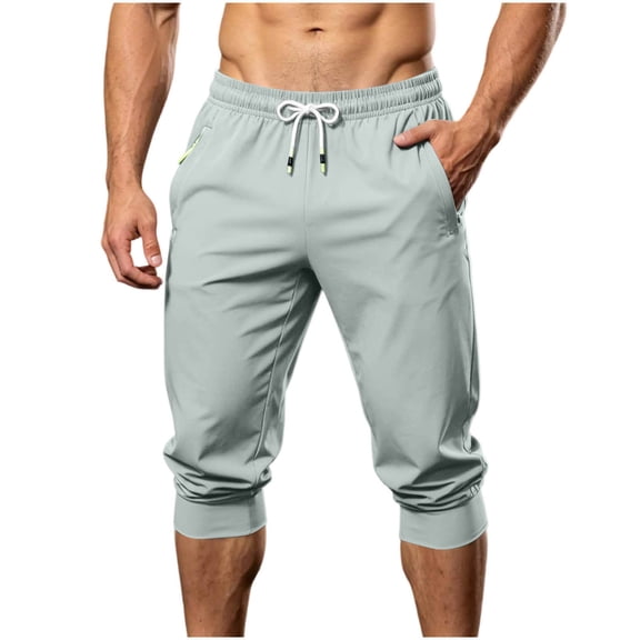 Timoontee Men White Drawstring Elastic High Waist Cuffed Ankle Knee Length Capri Quick Dry Jogger Pants Deep Side Slip Pockets Lightweight Sports Casual Sightseeing Trousers XXXXL