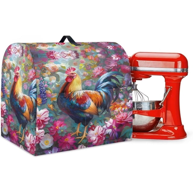 Rooster and Flower Stand Mixer Cover Kitchen Dust Cover for 6-8 Quart Stand Mixer Lightweight Mixer Cover with Top Handle and Pockets for Extra Accessories