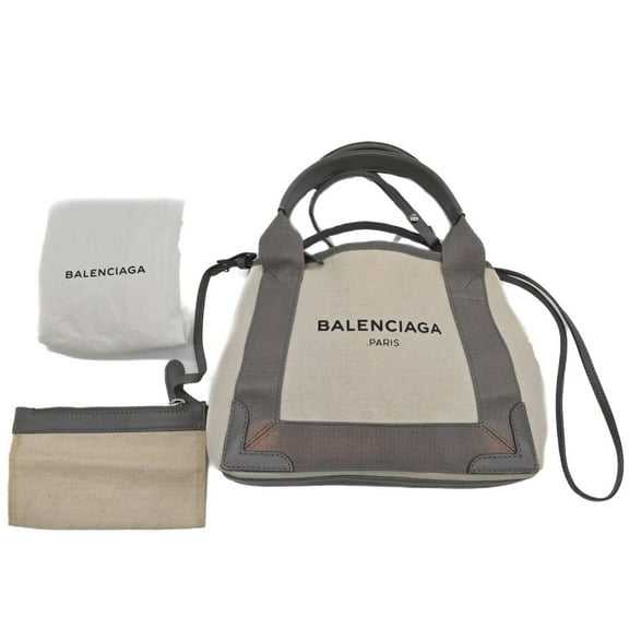Pre-Owned BALENCIAGA Navy Cabas XS Tote Bag Leather Canvas Women's Beige Grey (Fair)