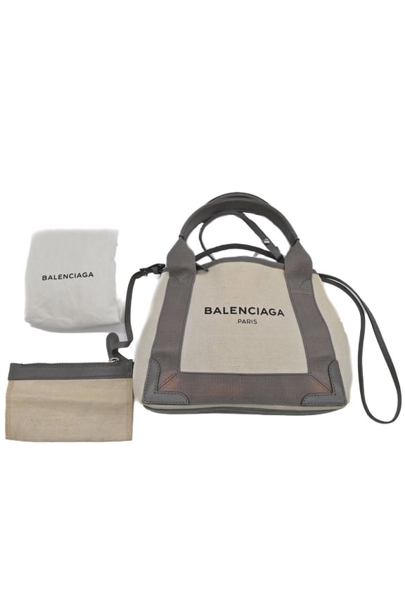 Pre-Owned BALENCIAGA Navy Cabas XS Tote Bag Leather Canvas Women's Beige Grey (Fair)