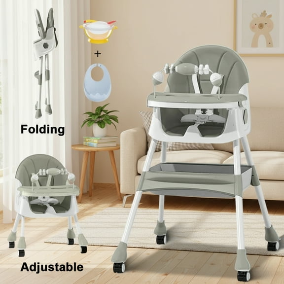 YYuan 4-in-1 Portable Baby Dining Chair, Convertible High Chair with 5-Point Harness, Meal Tray and Toy Holder, Grey