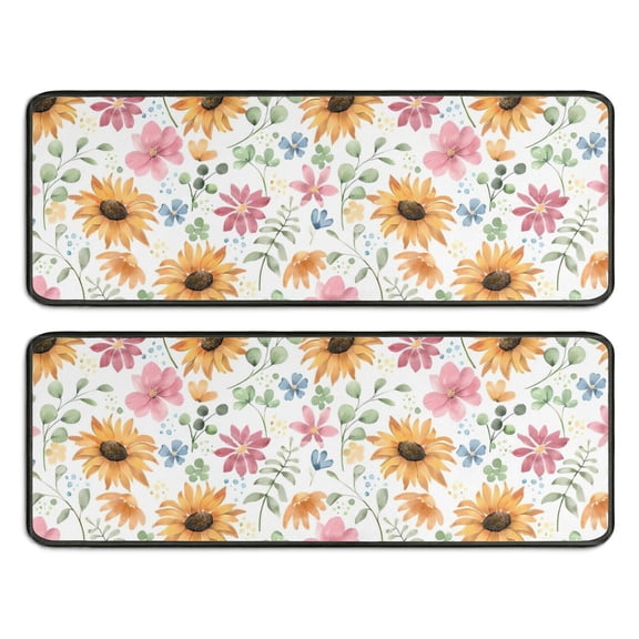 Kitchen Rugs Sets Of 2,White Sunflower Colorful Flower Pattern Anti Fatigue Kitchen Mat Rugs Non Slip Washable,Decorative Kitchen Floor Mats for Kitchen,Sink,Laundry,17"x47" 17"x47"