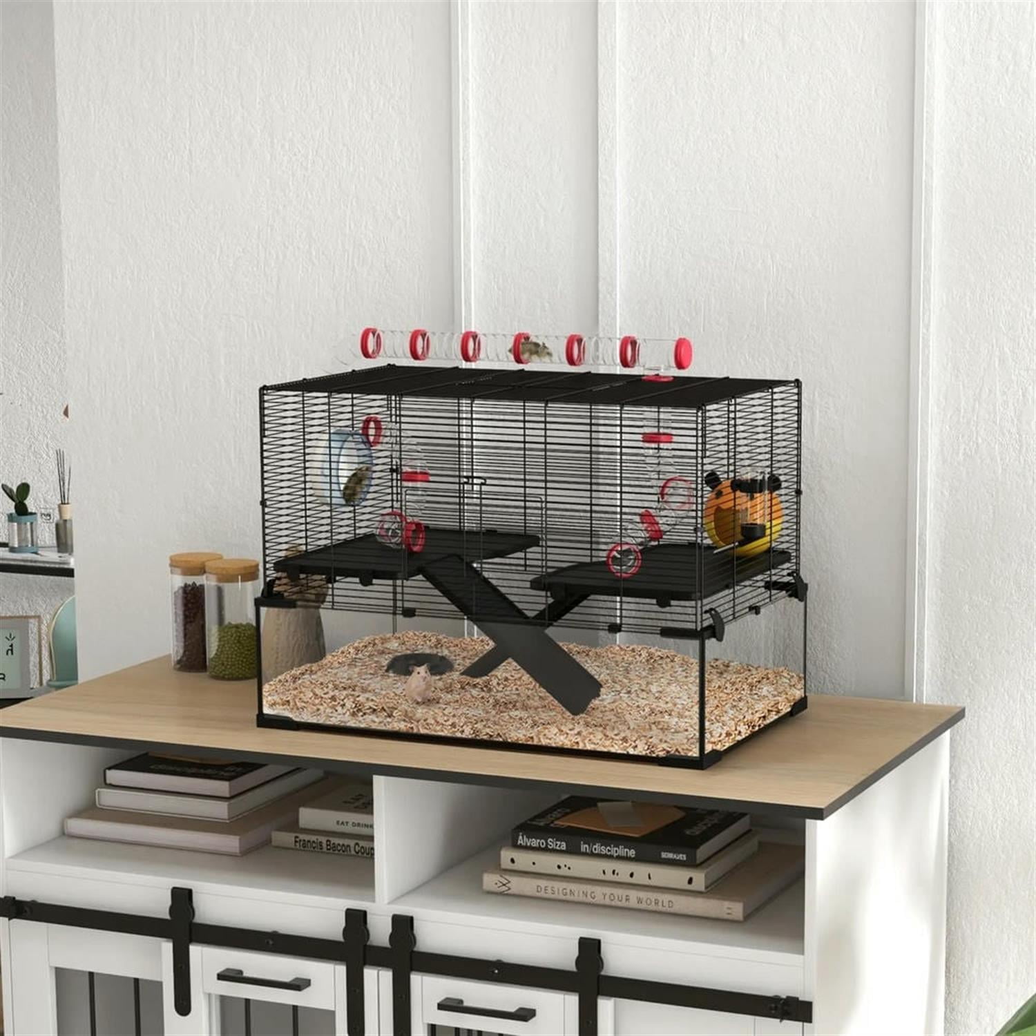 Kadyn 31" Hamster Cage, Gerbil Cage with Glass Basin, Tube and Tunnel for Small Hamsters, 2 Levels Small Animal Habitats, Black