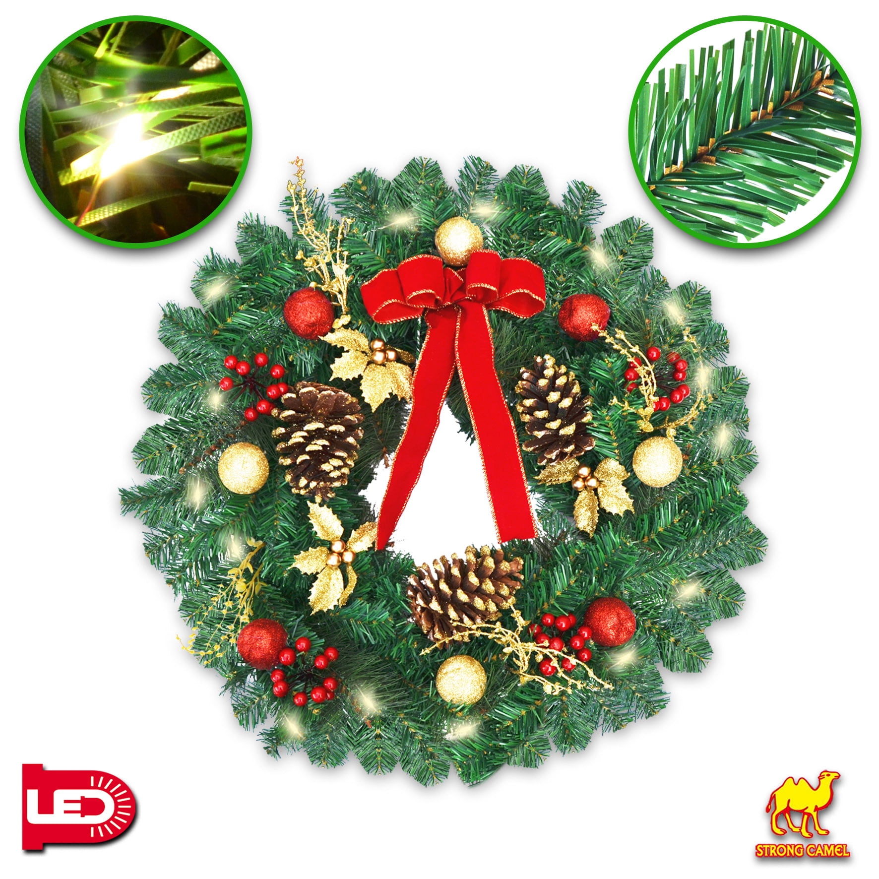 Christmas WREATH~LED  Candle lit Lantern~pinecones-Bow~Red Berries~traditional 