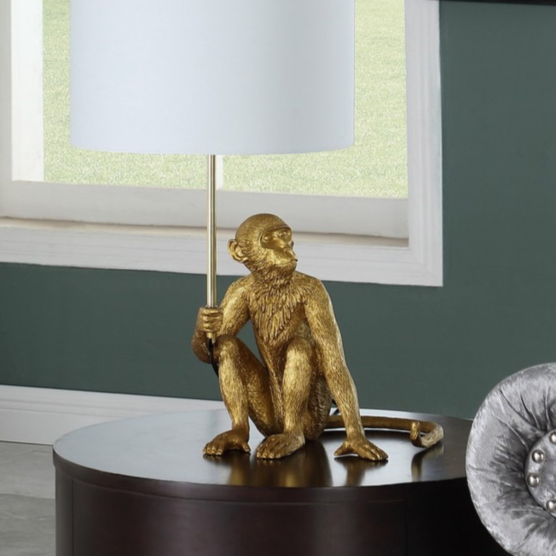 Noble House 25.5" Golden Monkey Table Lamp, Polyresin Figurine, Modern White Drum Shade, E26 Light Bulb, Gold