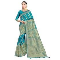 Sarees for Women Banarasi Art Silk Woven Sari - Indian Diwali Ethnic Gift Festival Saree & Unstitched Blouse Turquoise