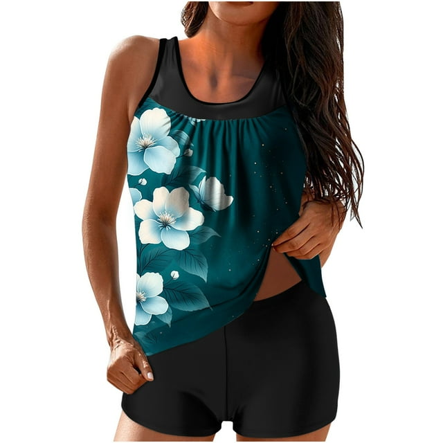 Women's Tummy Control Tankini Set, Floral Print High Waisted Boy Shorts Modest Two Piece Swimwear