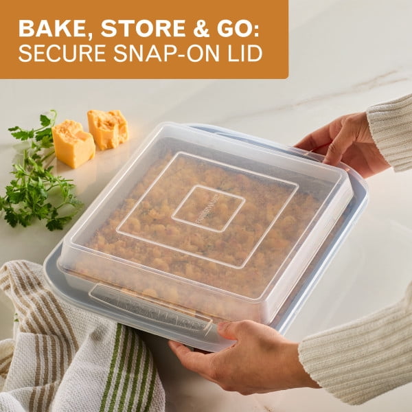 Farberware Bakeware 9 in Square Nonstick Cake Pan with Lid, Gray