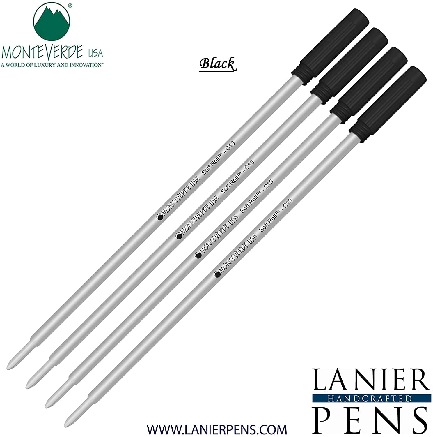 Lanier Combo Pack - 4 Pack - Monteverde Soft Roll Ballpoint C13 Paste Ink Refill Compatible with most Cross Style Ballpoint Pens - Black (Medium Tip 0.7mm)
