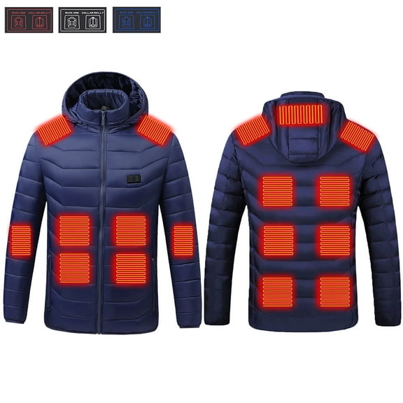 Cadancy Mens Womens Heated Jacket with Battery USB Rechargeable 17 Heating Zones 2 Temperature Modes Hooded Jackets Cold Weather Thermal Zip Up Washable Quilted Coats