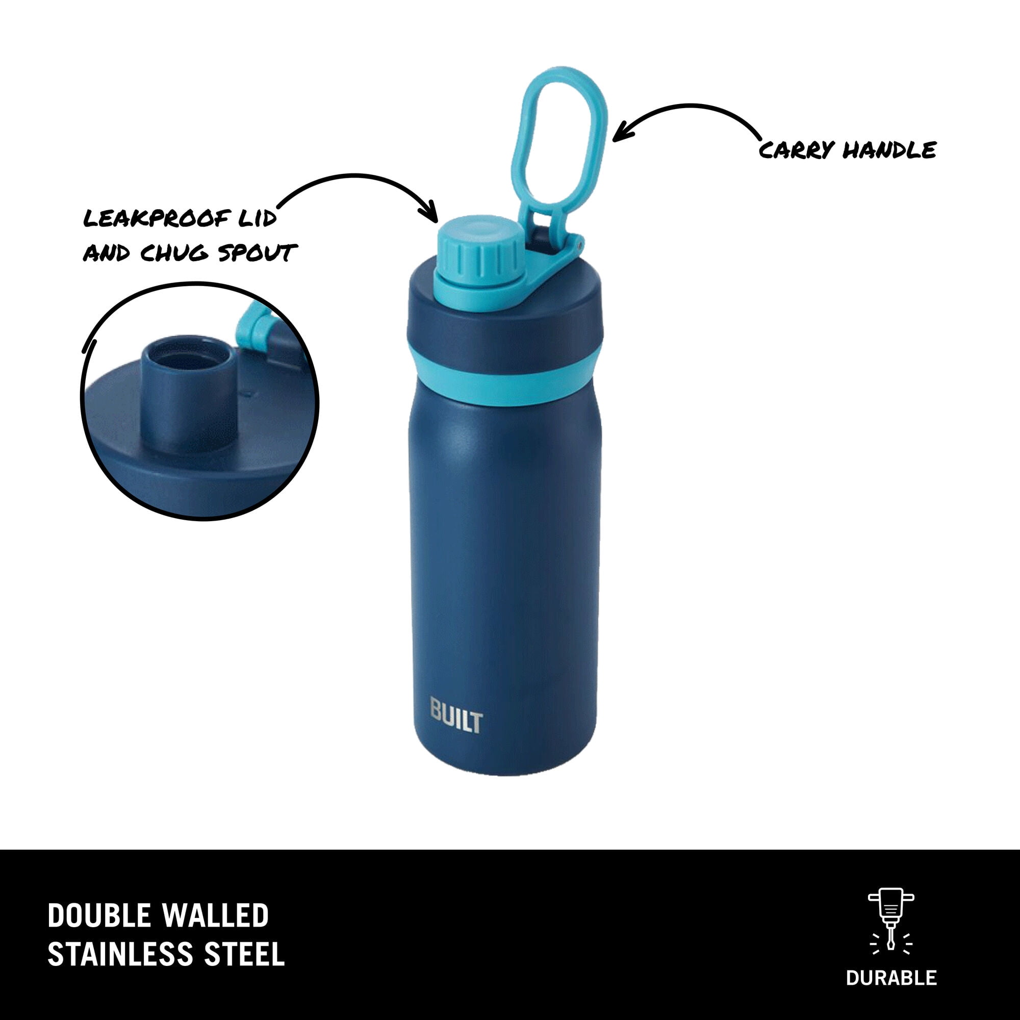 (3 pack) BUILT Cascade 16 oz Stainless Steel Kids Water Bottle with Leakproof Flip-Top Chug Lid, Dark Blue