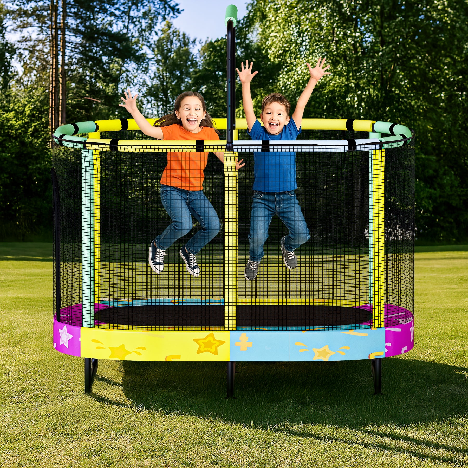 Baxluxe 60" Kids Trampoline 7-in-1, Elliptic Toddler Trampoline with Safety Enclosure Net, Height Adjustable Handrail & 500lbs Capacity, Mini Bouncer with Swing for Age 3-8, Stars