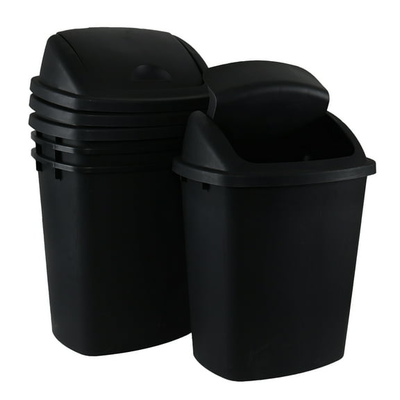 Qqbine 10 Gallon Plastic Swing Lid Trash Can, Black Swing Top Garbage Can, Kitchen Waste Bin, 4 Packs