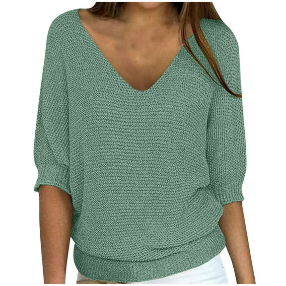 XFLWAM Womens Fall Sweater Three Quarters Length Sleeve Tops Solid Color Knit Pullover Ladies Plus Size V Neck Blouses