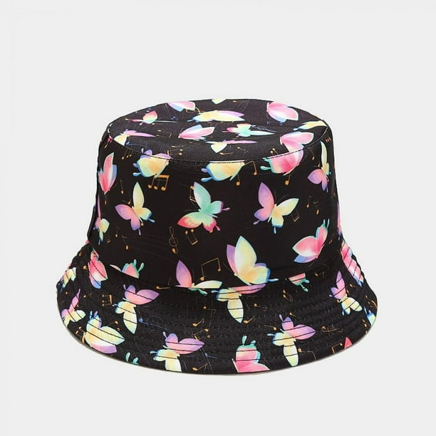 Cute Butterfly Bucket Hat Beach Fisherman Hats For Women, Reversible  Double-side-wear, Black 