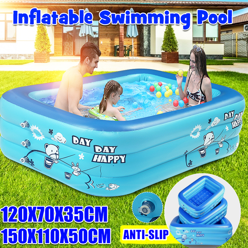 Rectangular Inflatable Swimming Pool for Baby Toddlers Children Blue Paddling Pools for Garden Backyard Outdoor 150cm Paddling Pool for Kids Large Family Pools with Thick Inflatable Bubble Floor
