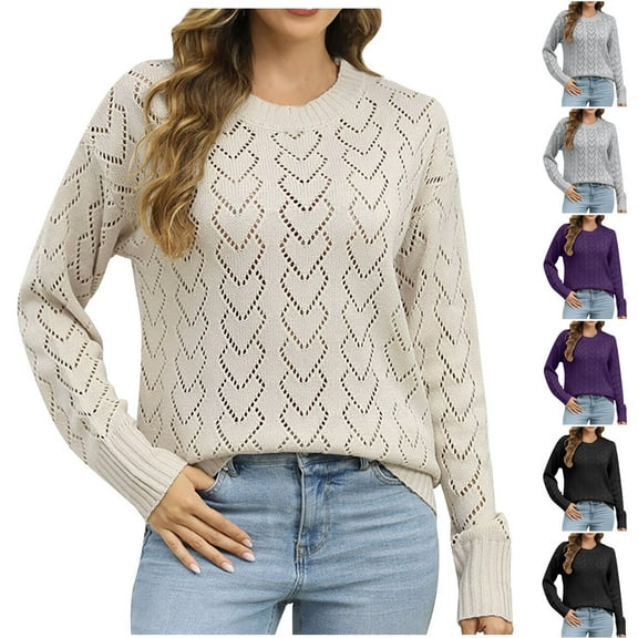 Lovskoo Sweaters for Women Solid Round Neck Knitted Long Sleeve Hollow Out Sweater Blouse Beige