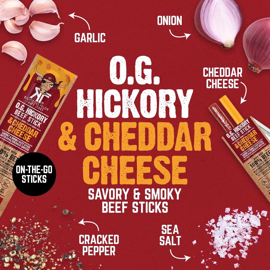 Righteous Felon O.G. Hickory Beef & Cheddar Cheese Sticks, 14g Protein, 100% Grass-Feed - 10 Combo Sticks
