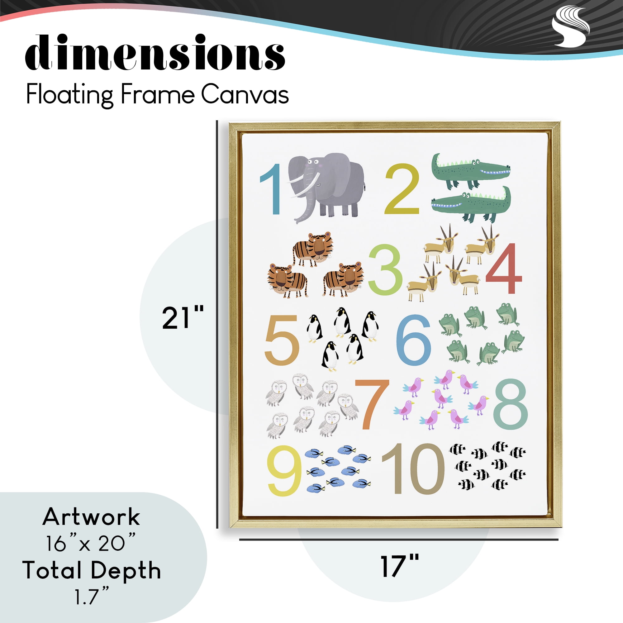 Kid's Counting Animals Gold Framed Floater Canvas Wall Art, design by Carla Daly