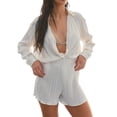 thumbnail image 3 of SAYOO Traje de verano femenino de 2 piezas, camisa de cuello de solapa de manga larga plegada + pantalones cortos SAYOO moda, 3 of 8
