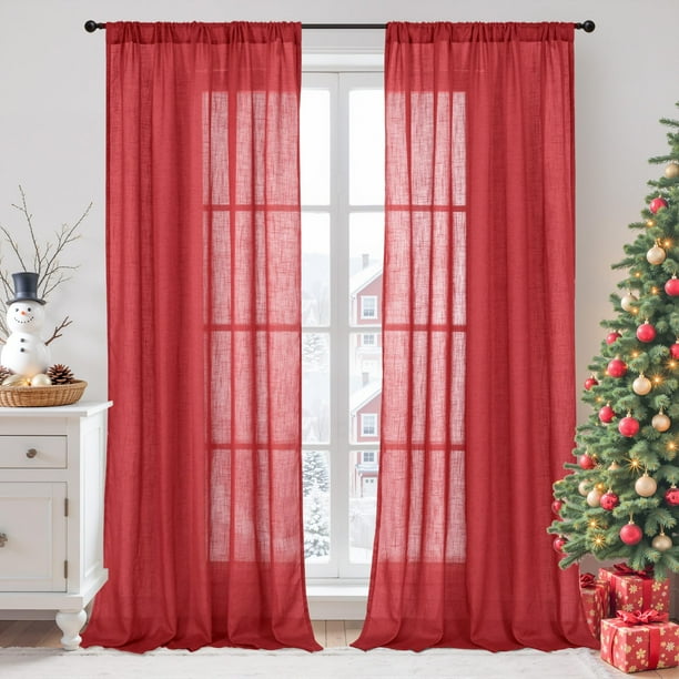 Cortinas BGment Lino Juego de 2 Paneles 240x132 cm Rojo Semi Translúcido